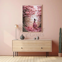 Cherry Blossom Girl Under Dreamlike Trees - Artistic Poster PosterGoat