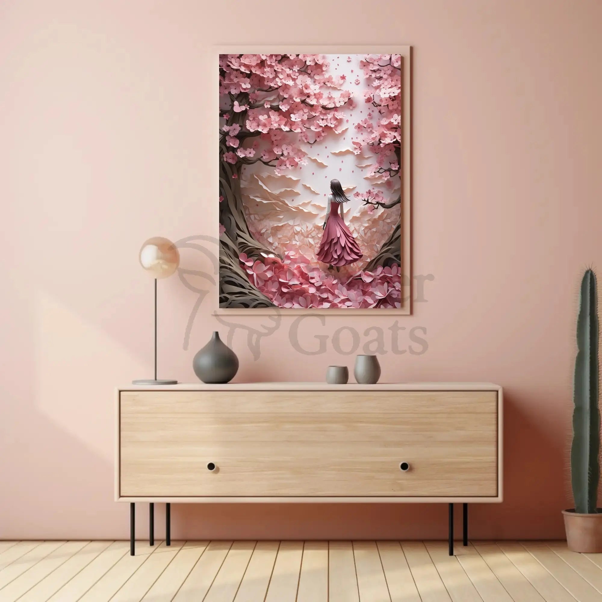 Cherry Blossom Girl Under Dreamlike Trees - Artistic Poster PosterGoat