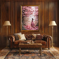 Cherry Blossom Girl Under Dreamlike Trees - Artistic Poster PosterGoat
