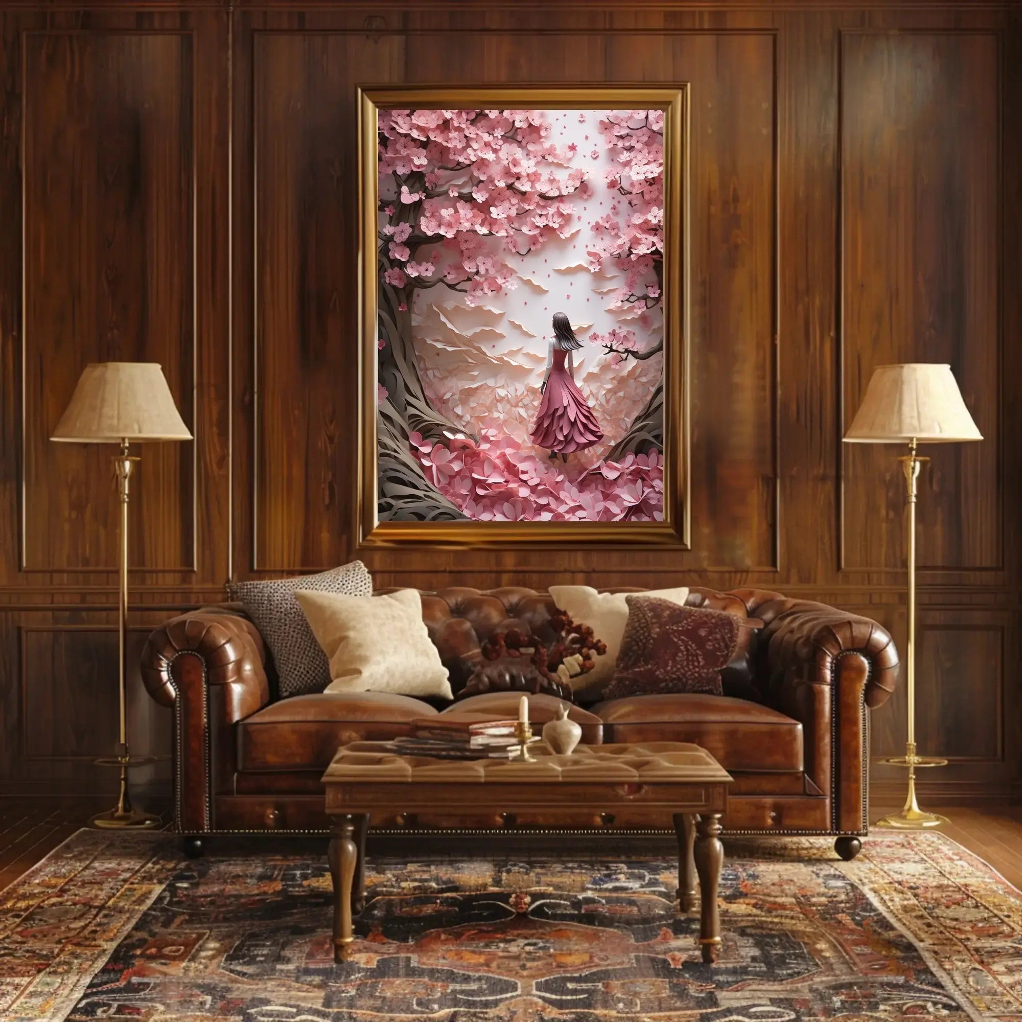 Cherry Blossom Girl Under Dreamlike Trees - Artistic Poster PosterGoat