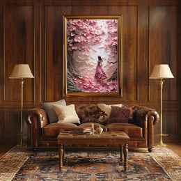 Cherry Blossom Girl Under Dreamlike Trees - Artistic Poster PosterGoat