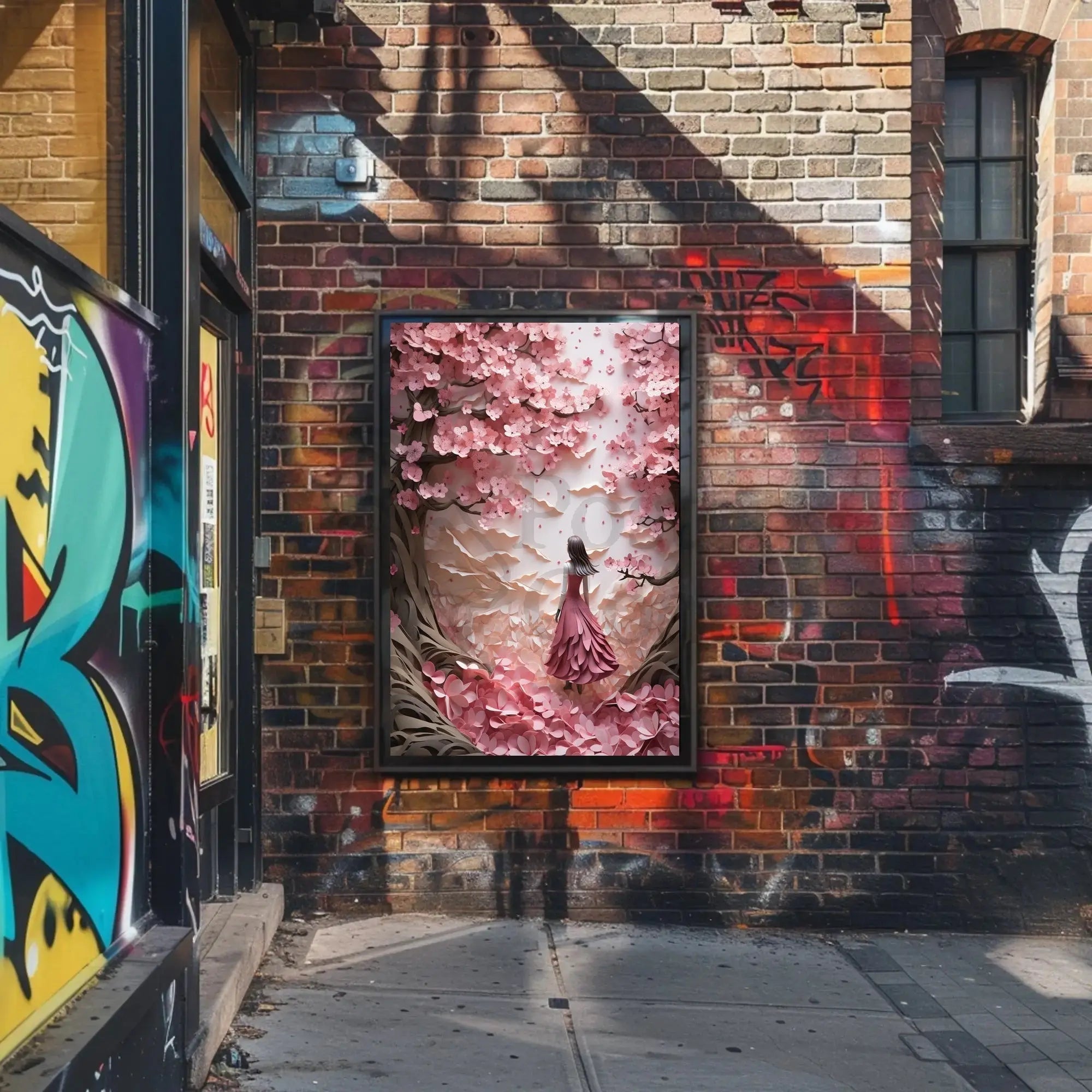 Cherry Blossom Girl Under Dreamlike Trees - Artistic Poster PosterGoat