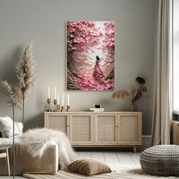 Cherry Blossom Girl Under Dreamlike Trees - Artistic Poster PosterGoat
