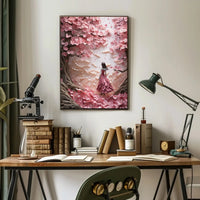 Cherry Blossom Girl Under Dreamlike Trees - Artistic Poster PosterGoat
