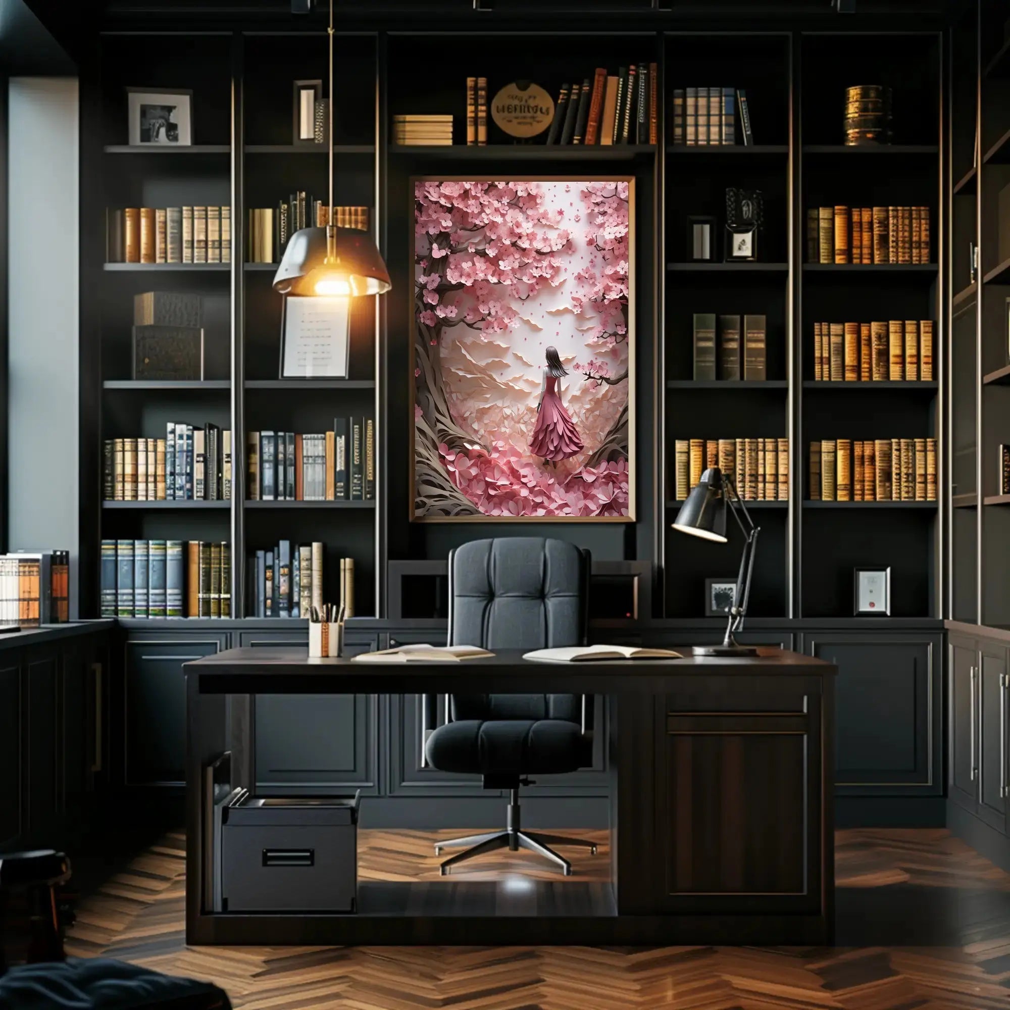 Cherry Blossom Girl Under Dreamlike Trees - Artistic Poster PosterGoat