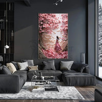 Cherry Blossom Girl Under Dreamlike Trees - Artistic Poster PosterGoat