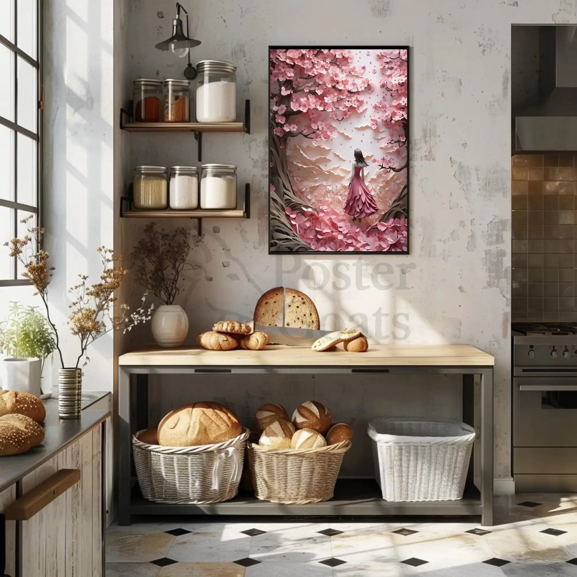 Cherry Blossom Girl Under Dreamlike Trees - Artistic Poster PosterGoat