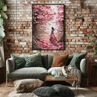 Cherry Blossom Girl Under Dreamlike Trees - Artistic Poster PosterGoat