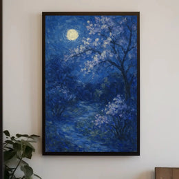 Cherry Blossom Moonlit Night, Impressionistic Artistic Poster PosterGoat