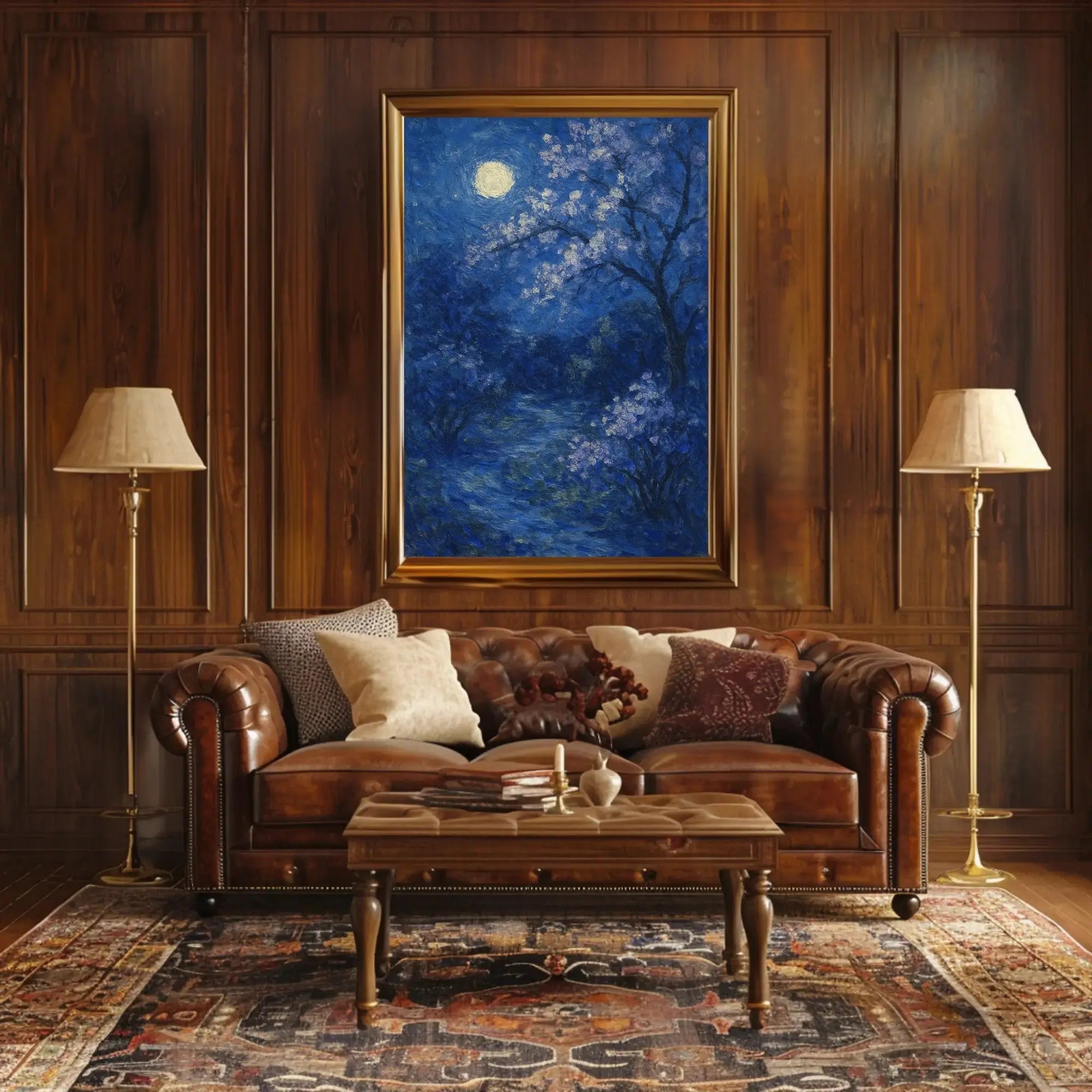Cherry Blossom Moonlit Night, Impressionistic Artistic Poster PosterGoat