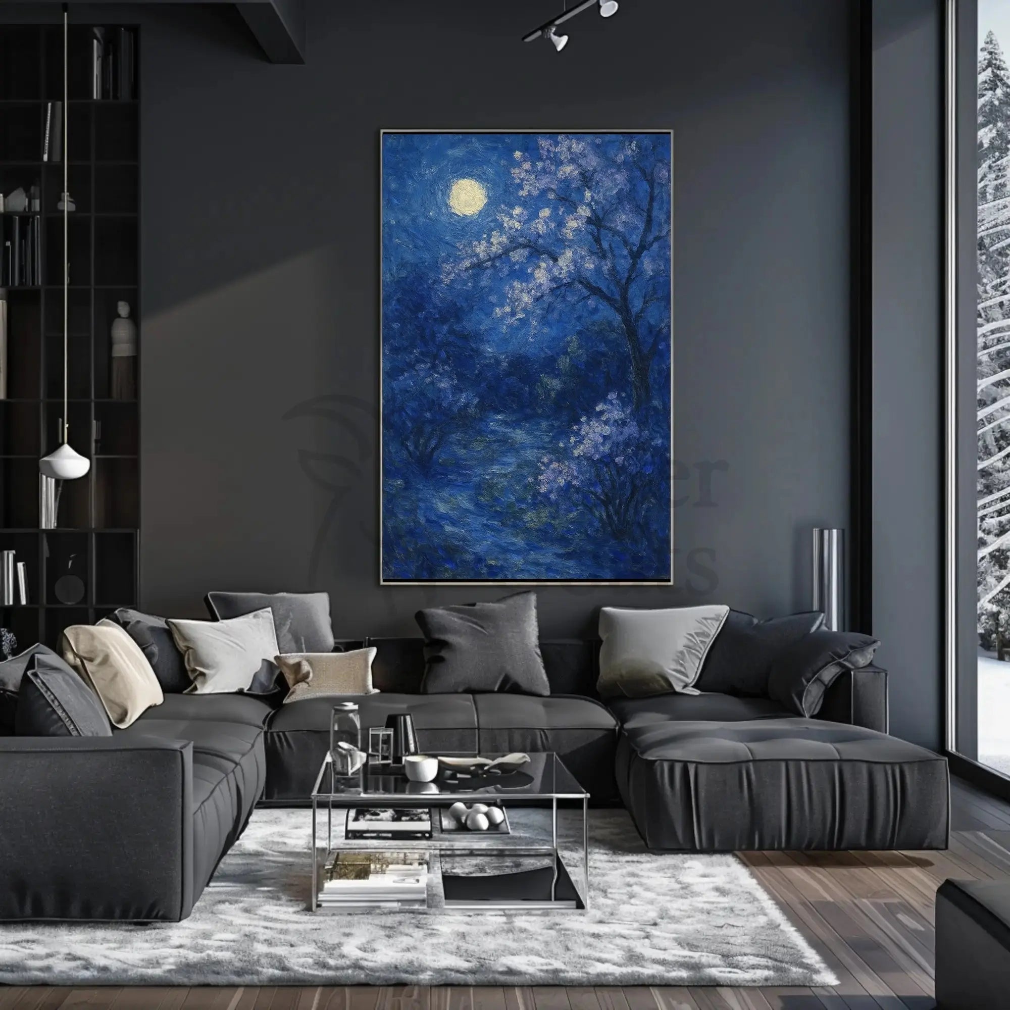 Cherry Blossom Moonlit Night, Impressionistic Artistic Poster PosterGoat
