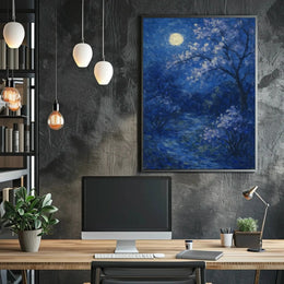 Cherry Blossom Moonlit Night, Impressionistic Artistic Poster PosterGoat