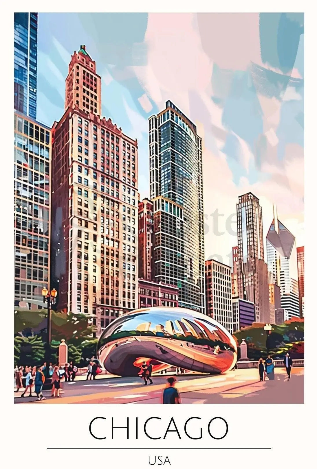 Chicago Skyline Travel Poster with Cloud Gate Landmark PosterGoat