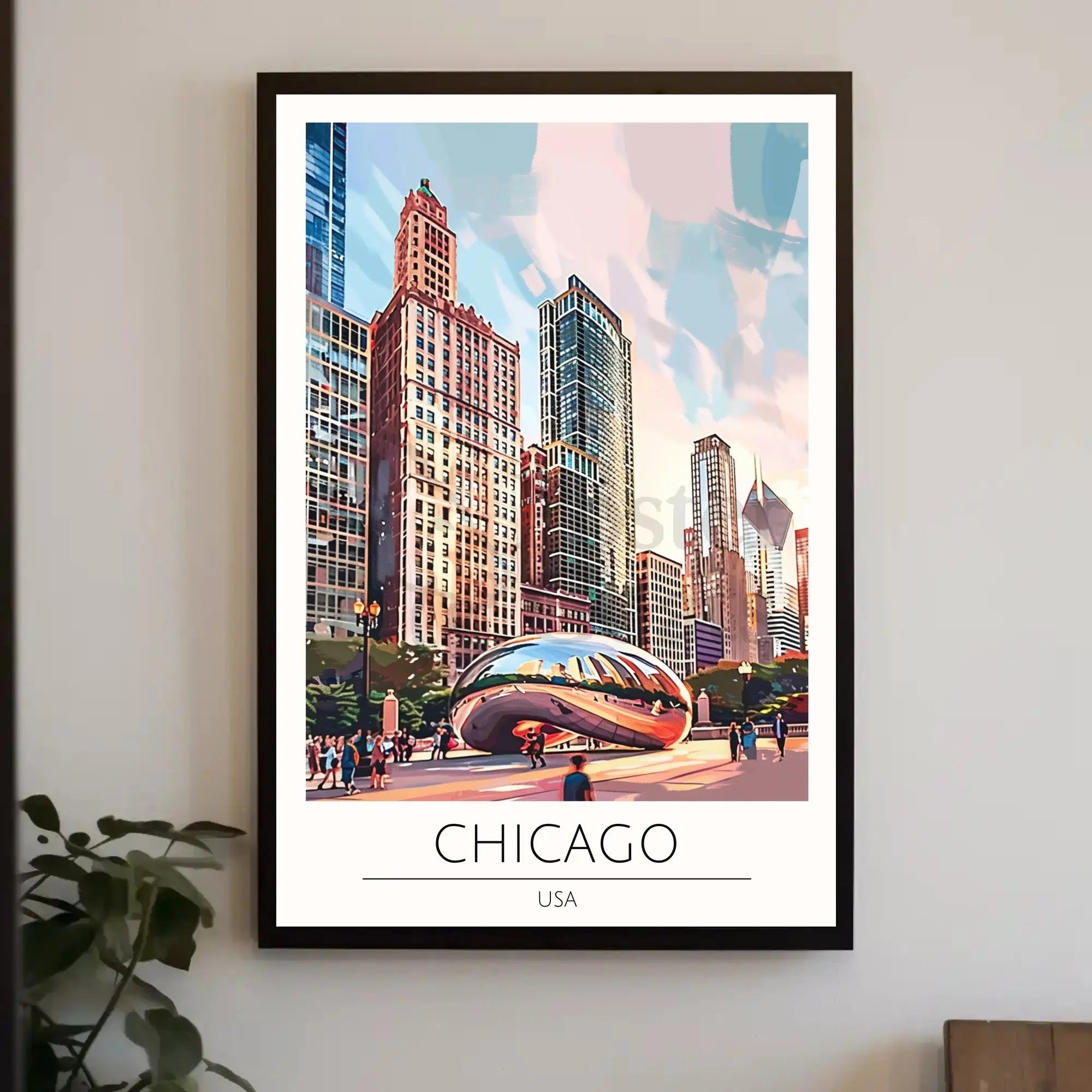 Chicago Skyline Travel Poster with Cloud Gate Landmark PosterGoat