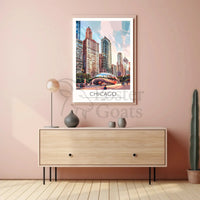 Chicago Skyline Travel Poster with Cloud Gate Landmark PosterGoat