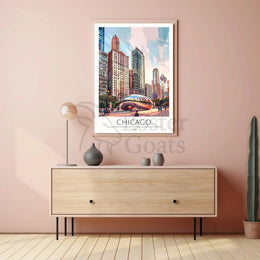 Chicago Skyline Travel Poster with Cloud Gate Landmark PosterGoat