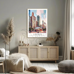Chicago Skyline Travel Poster with Cloud Gate Landmark PosterGoat
