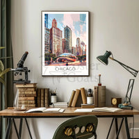 Chicago Skyline Travel Poster with Cloud Gate Landmark PosterGoat