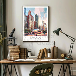 Chicago Skyline Travel Poster with Cloud Gate Landmark PosterGoat