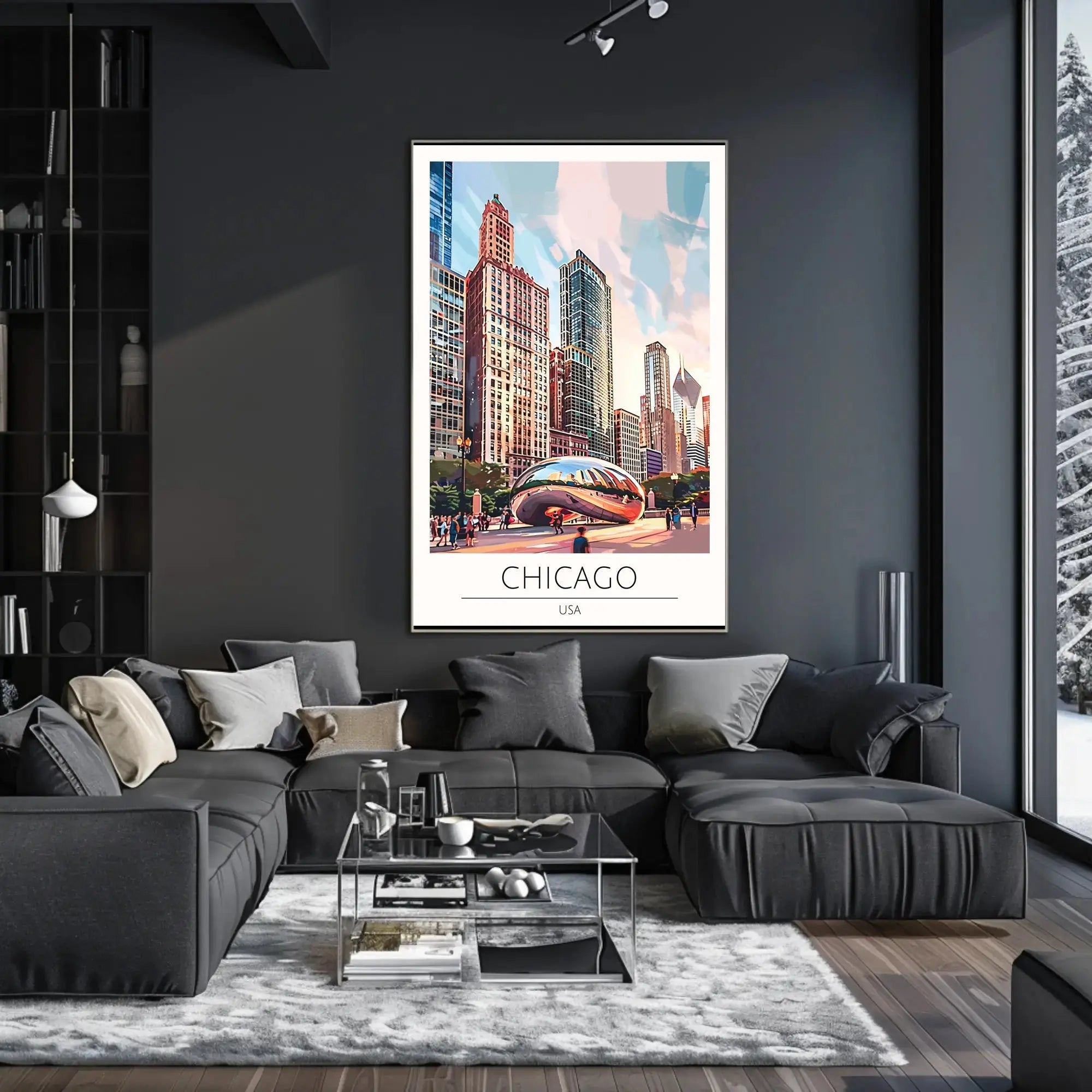 Chicago Skyline Travel Poster with Cloud Gate Landmark PosterGoat