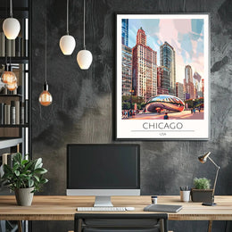 Chicago Skyline Travel Poster with Cloud Gate Landmark PosterGoat