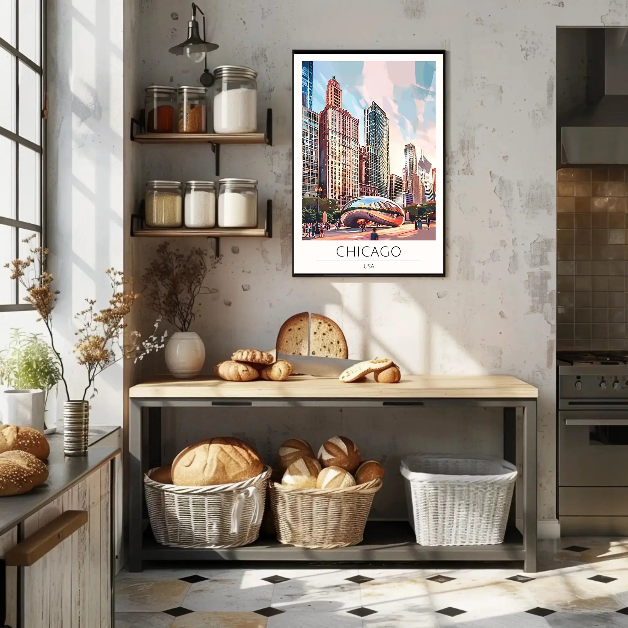 Chicago Skyline Travel Poster with Cloud Gate Landmark PosterGoat