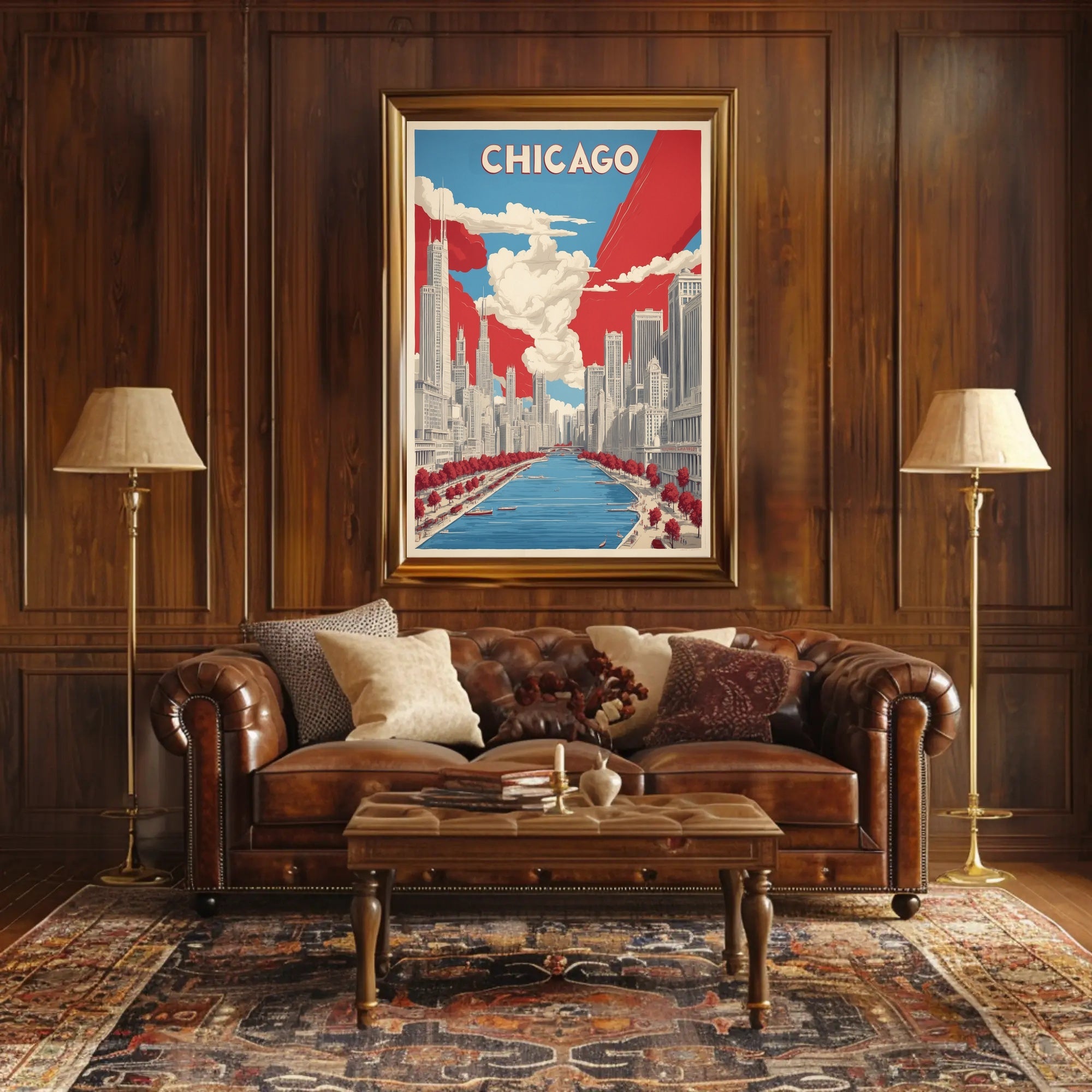 Chicago Skyline and River Modern Urban Cityscape Poster PosterGoat