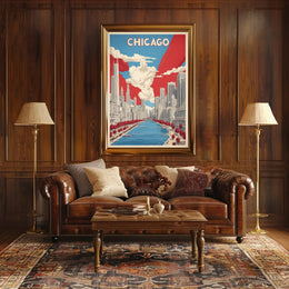 Chicago Skyline and River Modern Urban Cityscape Poster PosterGoat