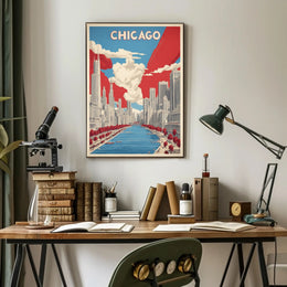 Chicago Skyline and River Modern Urban Cityscape Poster PosterGoat