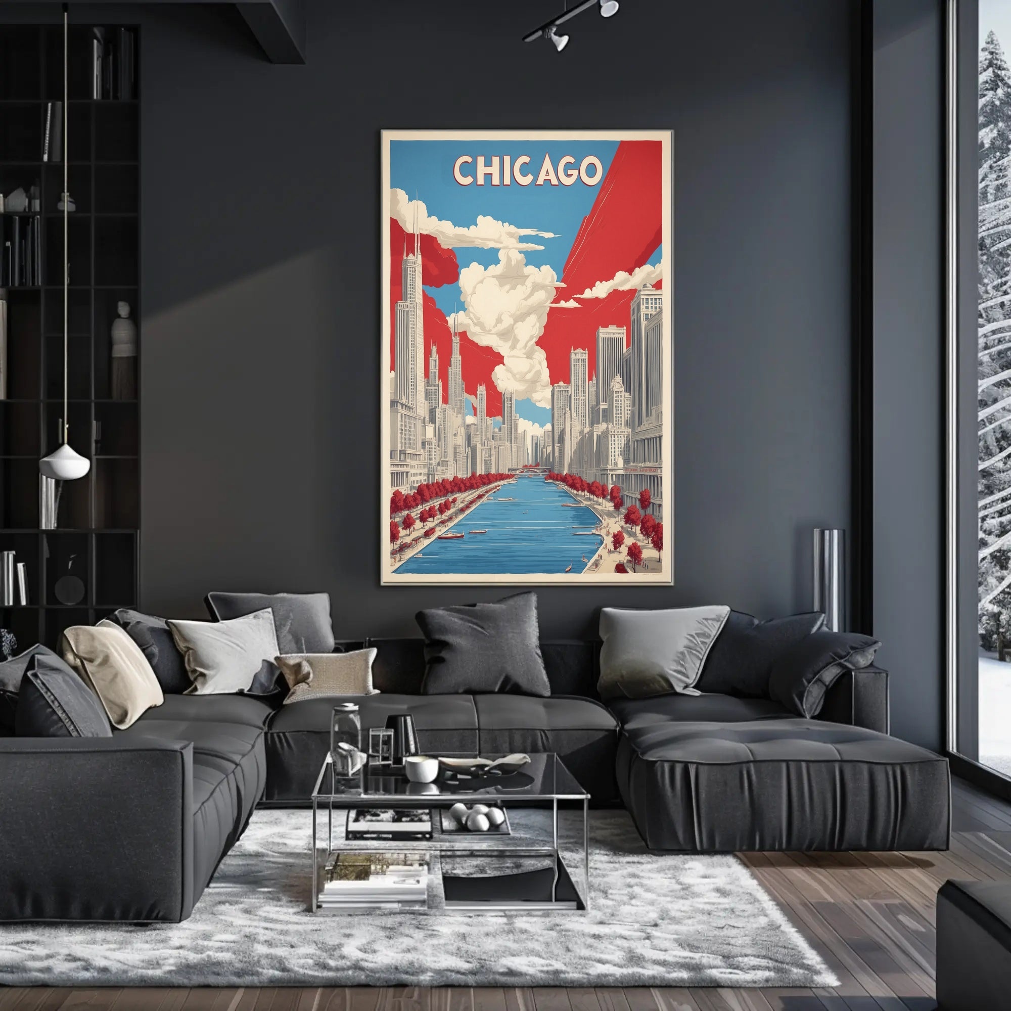 Chicago Skyline and River Modern Urban Cityscape Poster PosterGoat