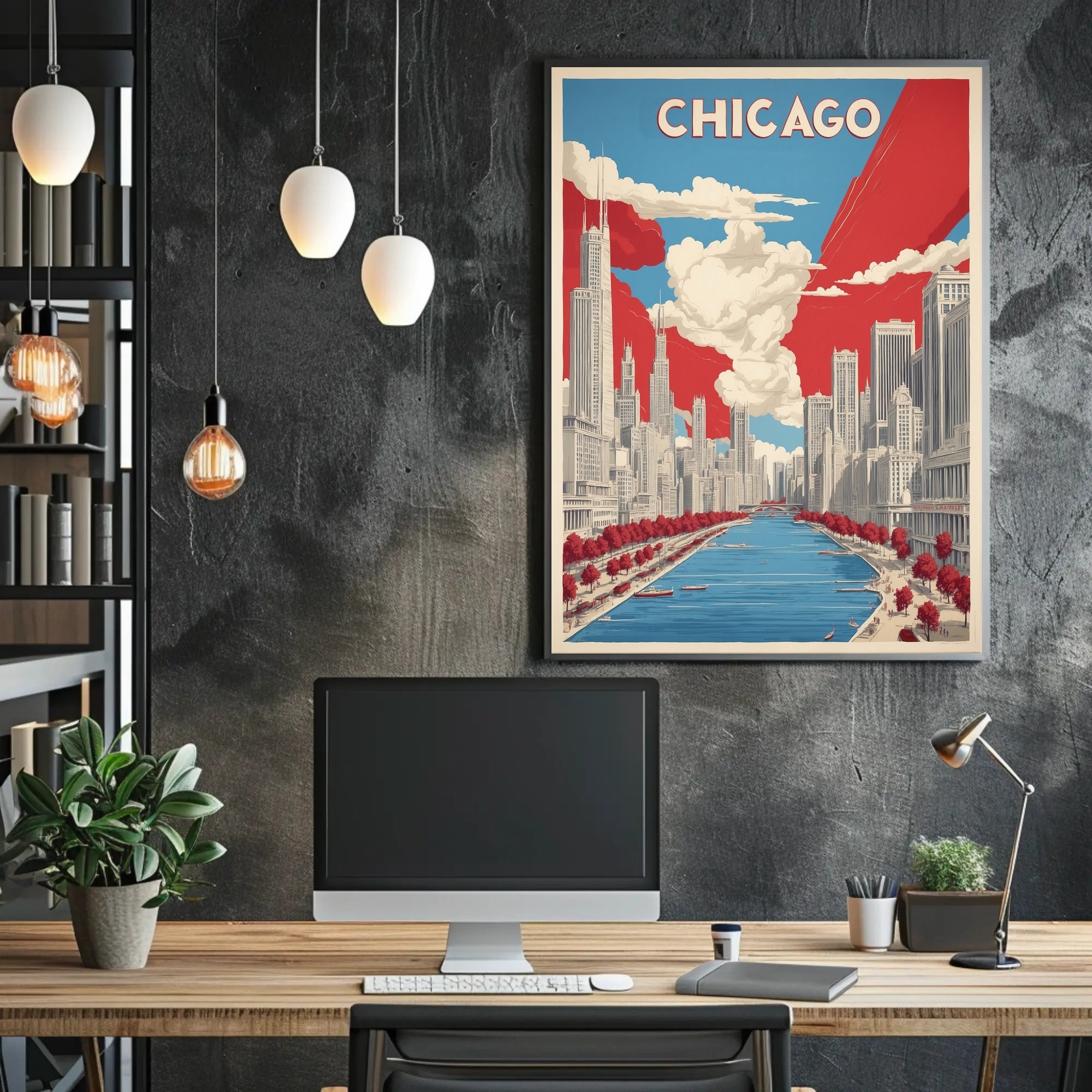 Chicago Skyline and River Modern Urban Cityscape Poster PosterGoat
