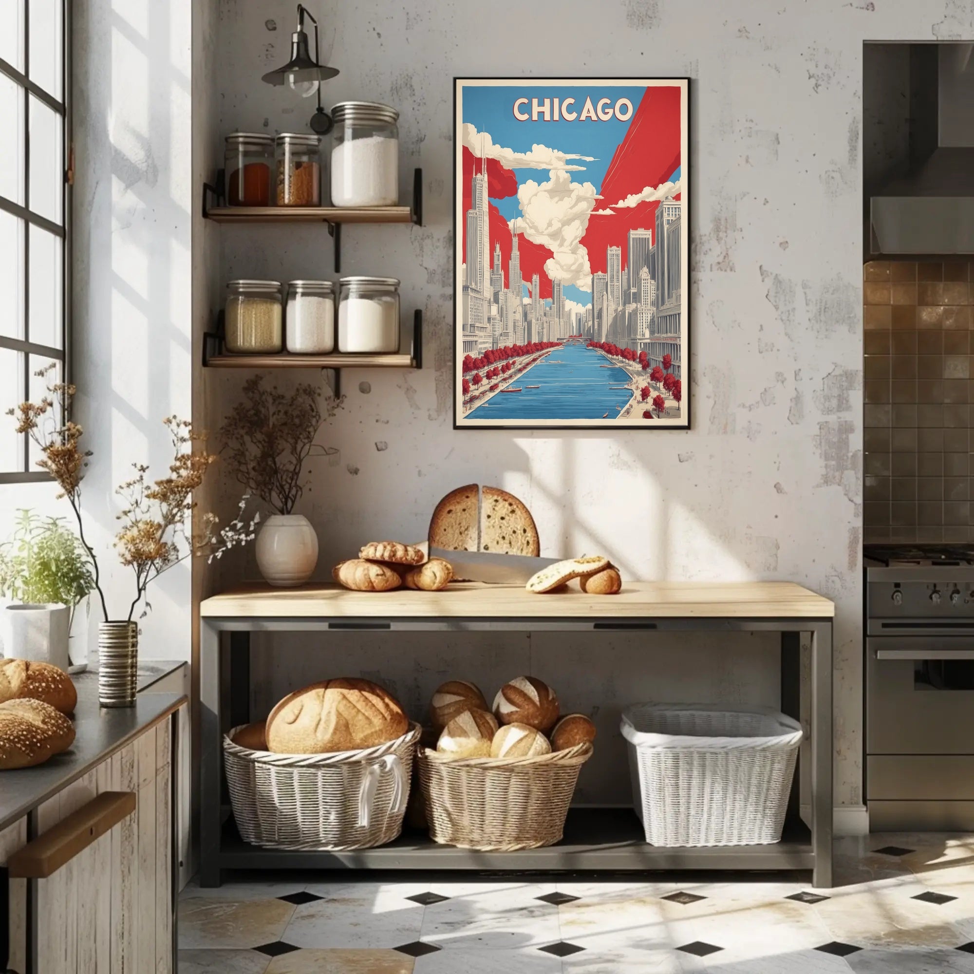 Chicago Skyline and River Modern Urban Cityscape Poster PosterGoat