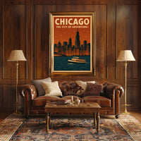 Chicago's Nighttime Romance Skyline Travel Poster PosterGoat