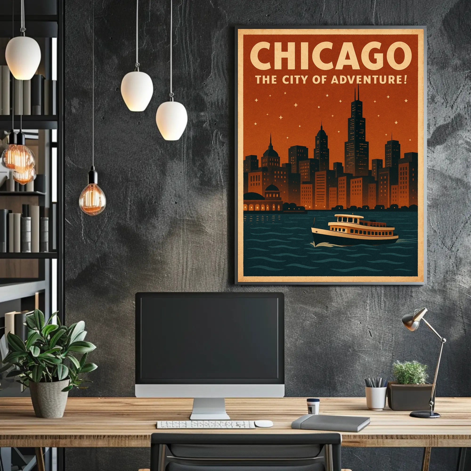 Chicago's Nighttime Romance Skyline Travel Poster PosterGoat