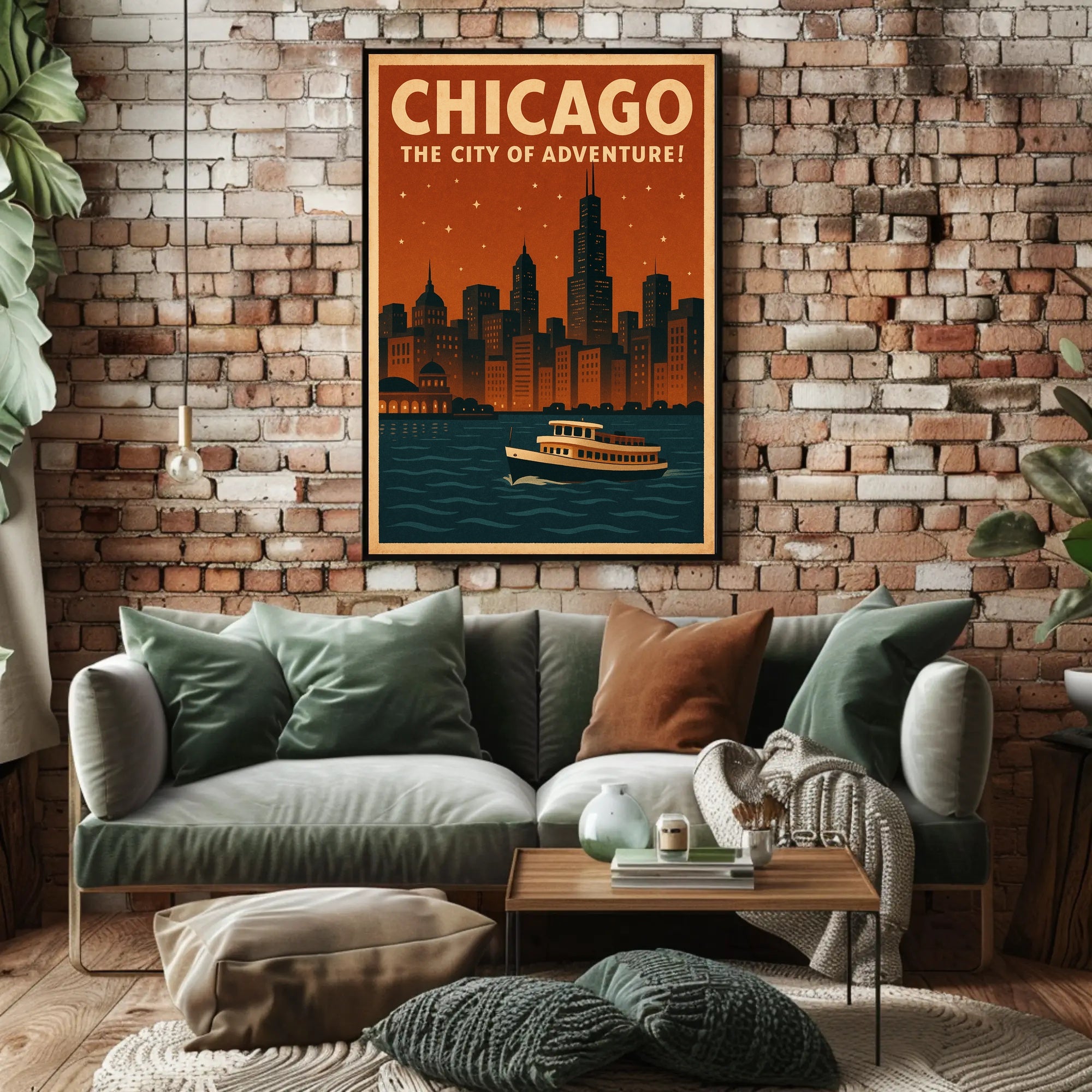 Chicago's Nighttime Romance Skyline Travel Poster PosterGoat