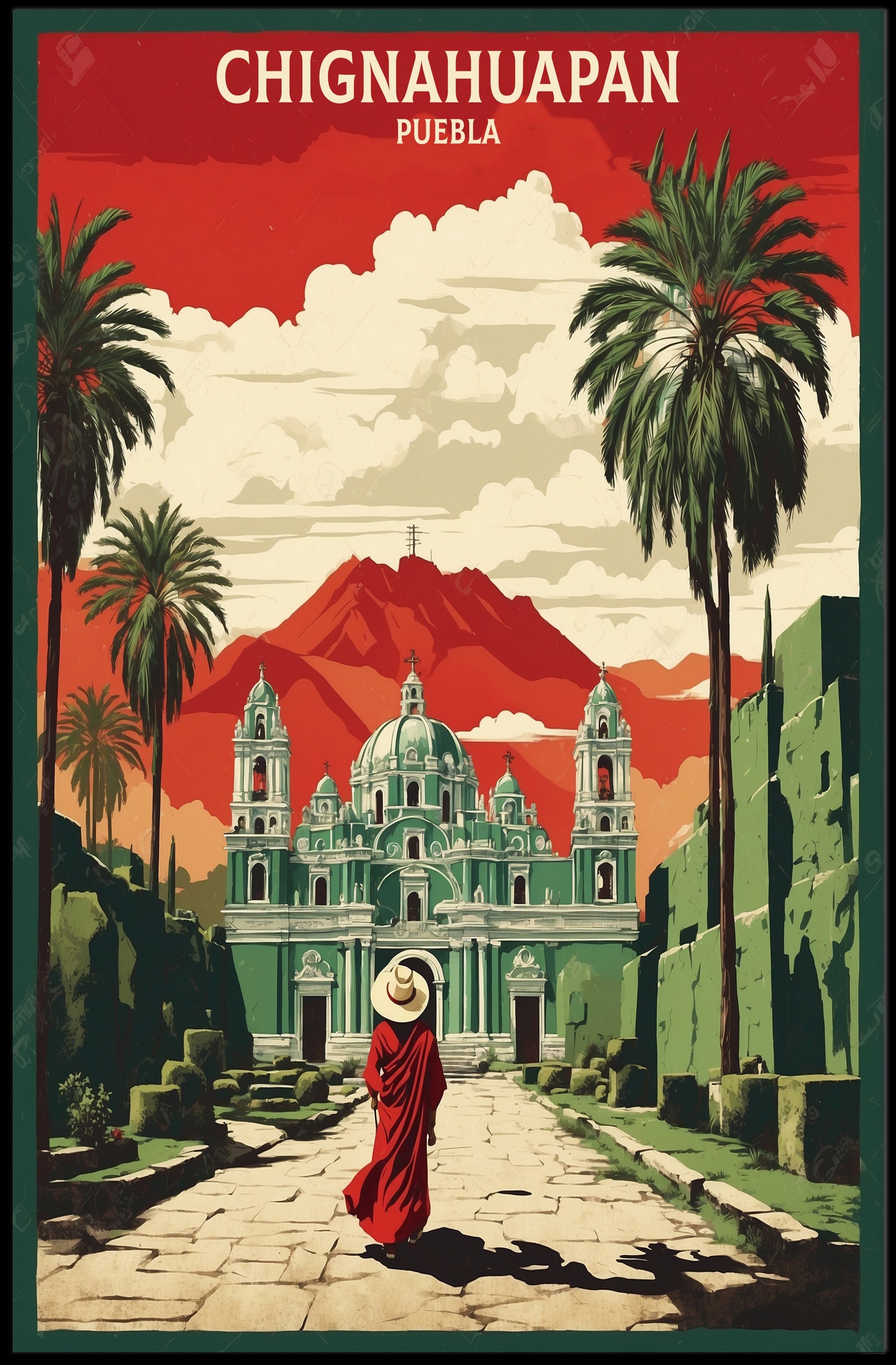 Chignahuapan Cathedral Vintage  Art Poster PosterGoat