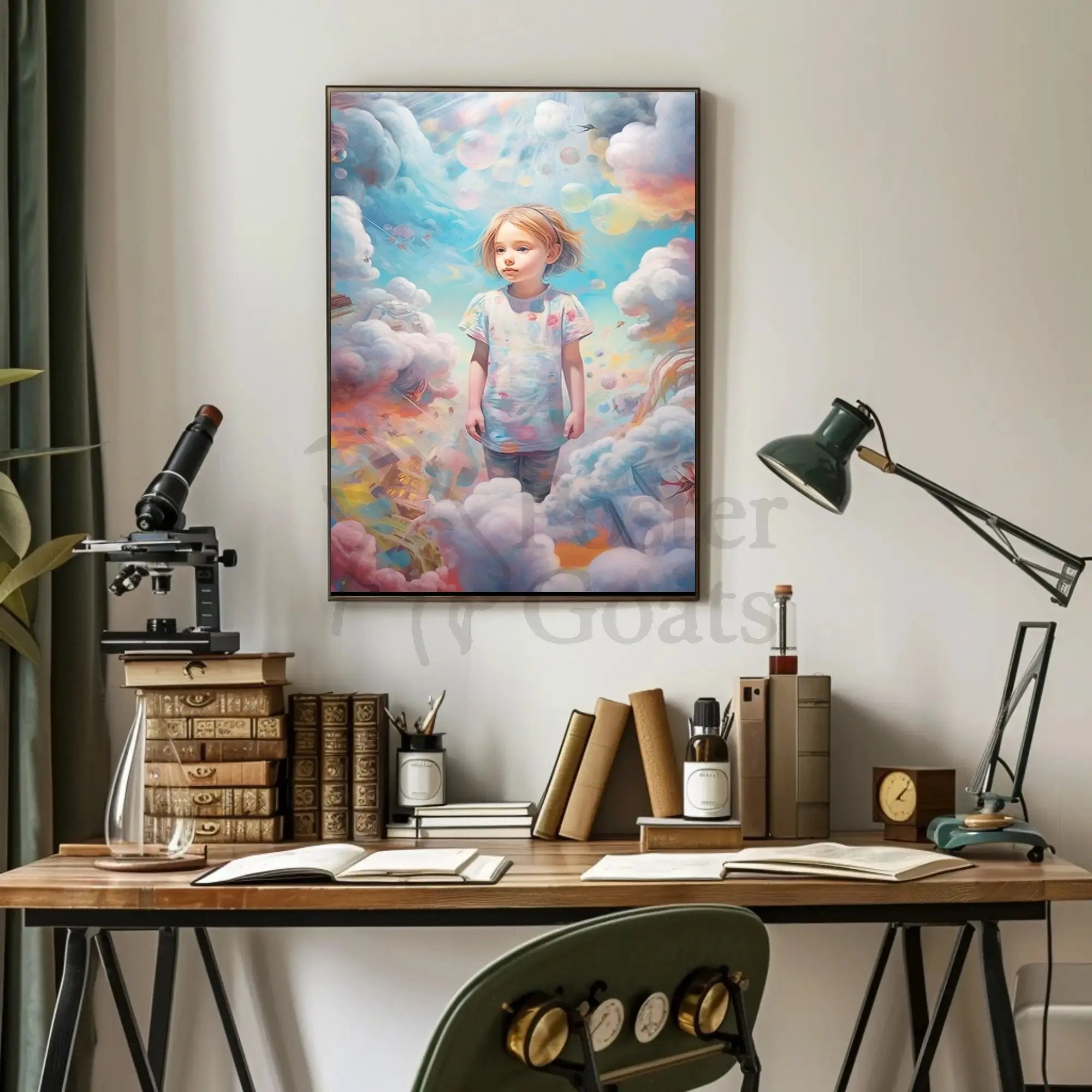 Child's Dreamland: Whimsical Clouds and Bubbles Artistic Poster PosterGoat
