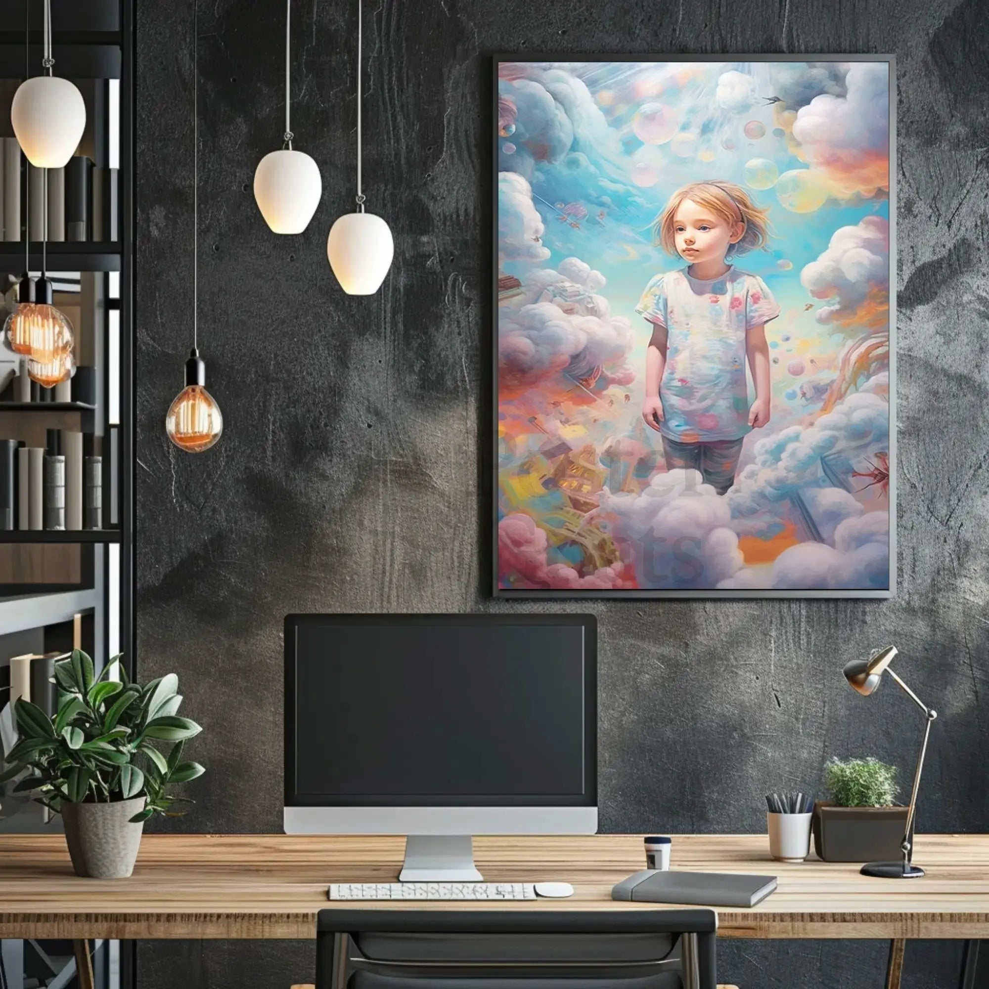 Child's Dreamland: Whimsical Clouds and Bubbles Artistic Poster PosterGoat