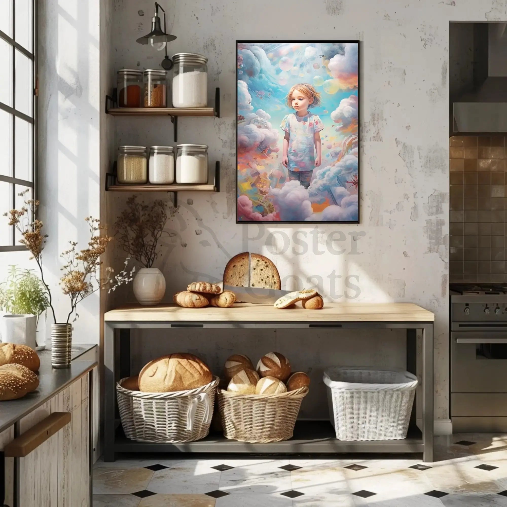 Child's Dreamland: Whimsical Clouds and Bubbles Artistic Poster PosterGoat