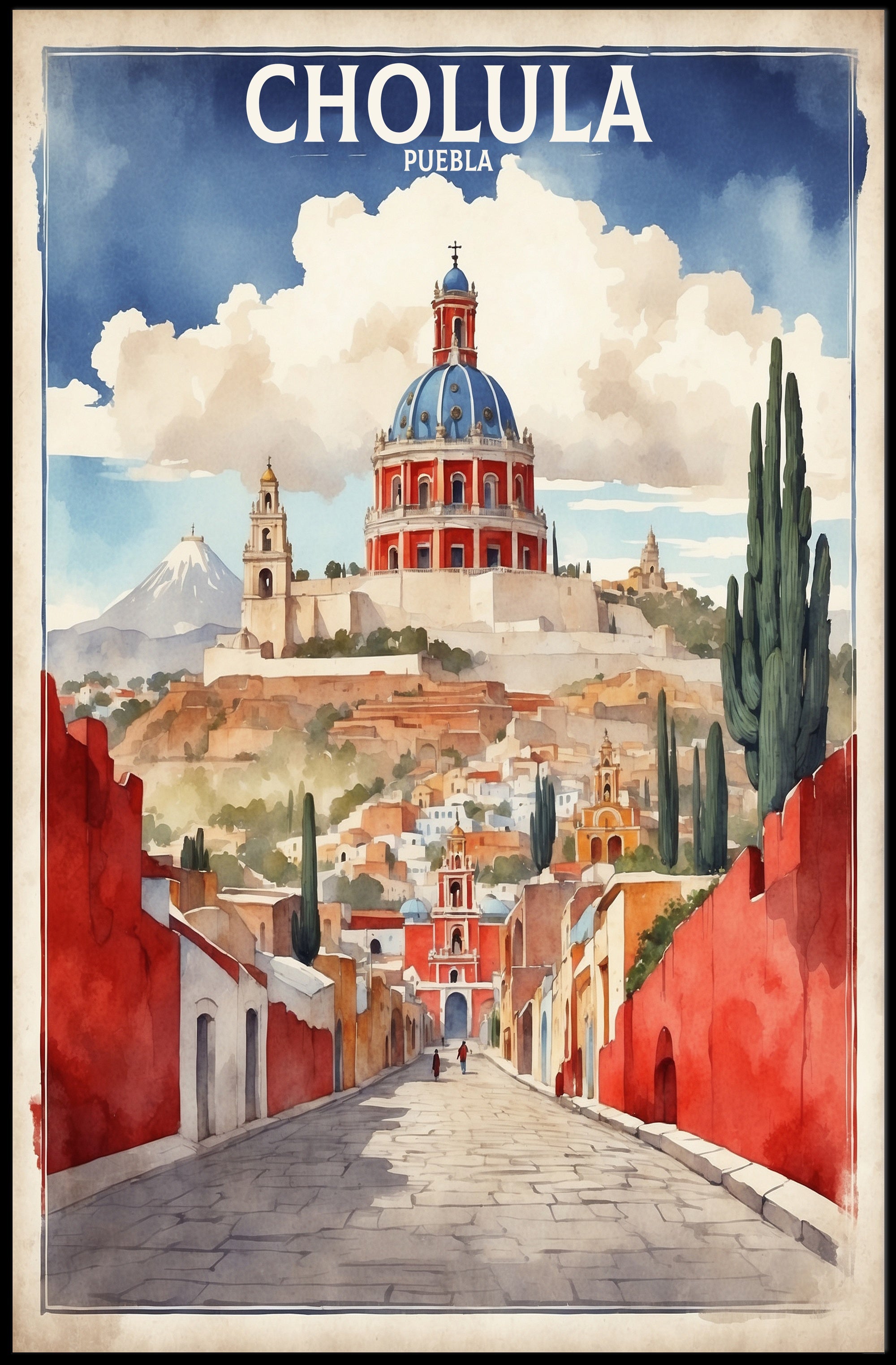 Cholula's Iconic Pyramid & Church Travel Poster PosterGoat
