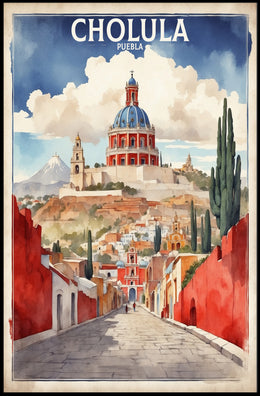 Cholula's Iconic Pyramid & Church Travel Poster PosterGoat