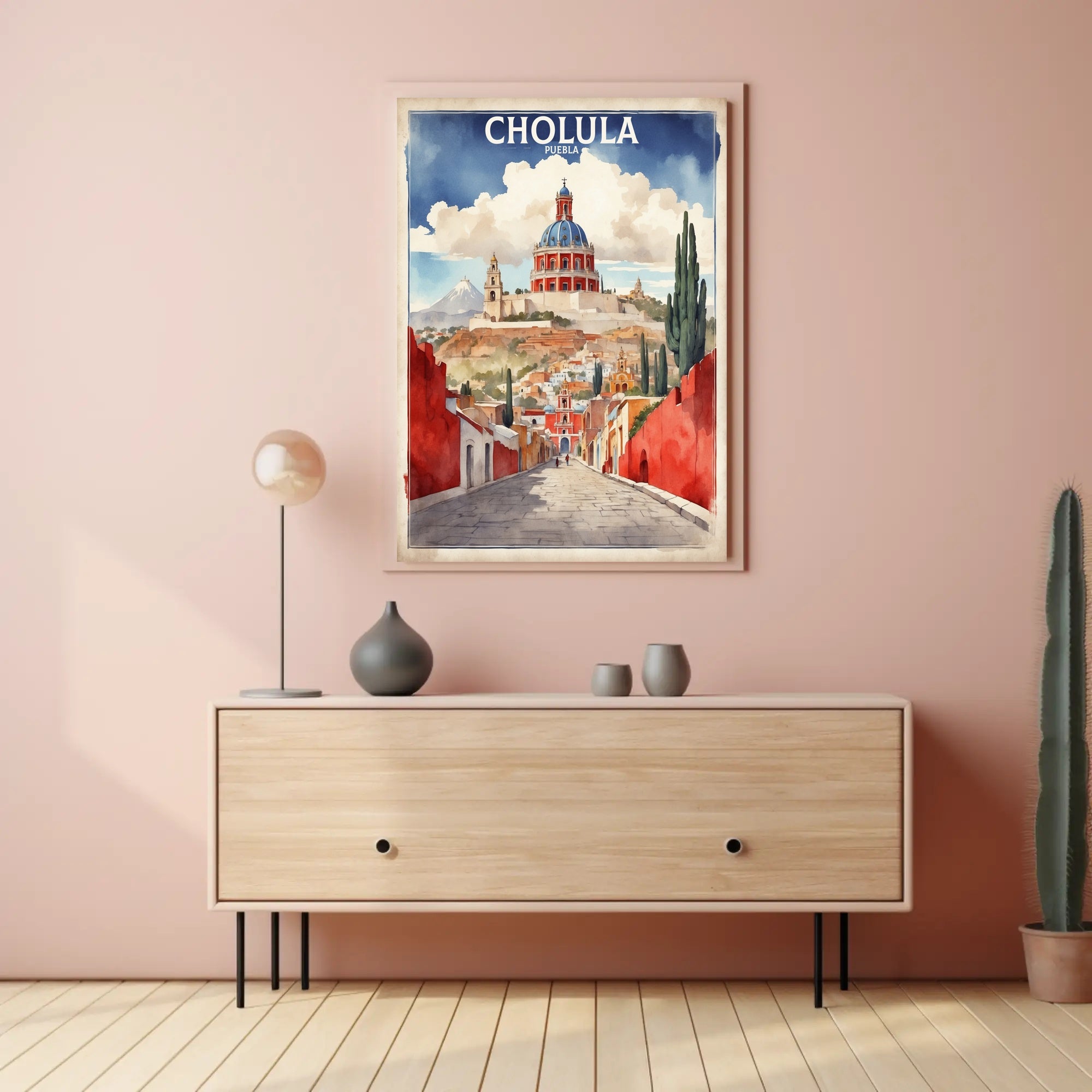 Cholula's Iconic Pyramid & Church Travel Poster PosterGoat