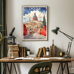 Cholula's Iconic Pyramid & Church Travel Poster PosterGoat