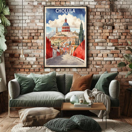 Cholula's Iconic Pyramid & Church Travel Poster PosterGoat