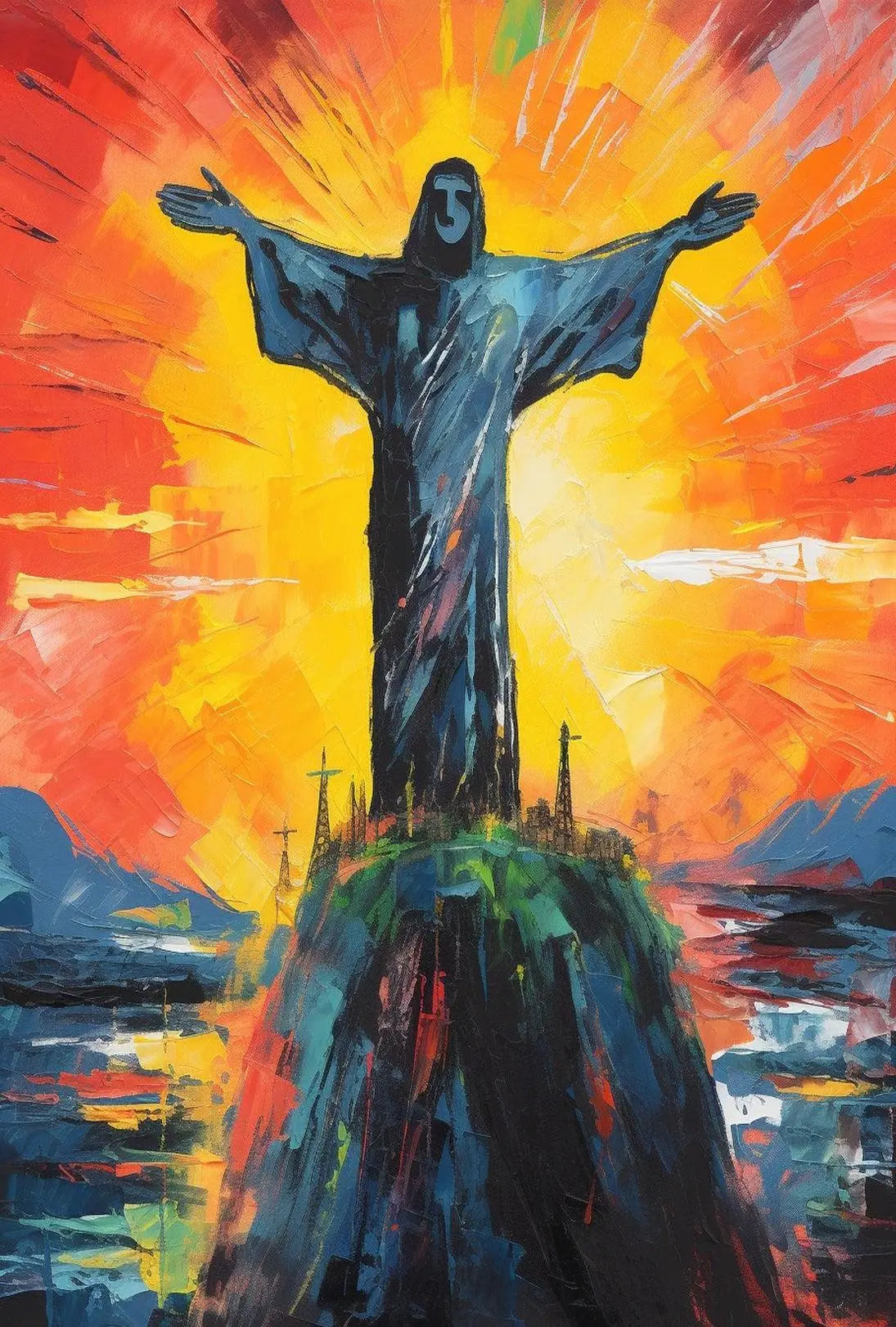 Christ the Redeemer at Sunrise Impressionistic Travel Poster PosterGoat