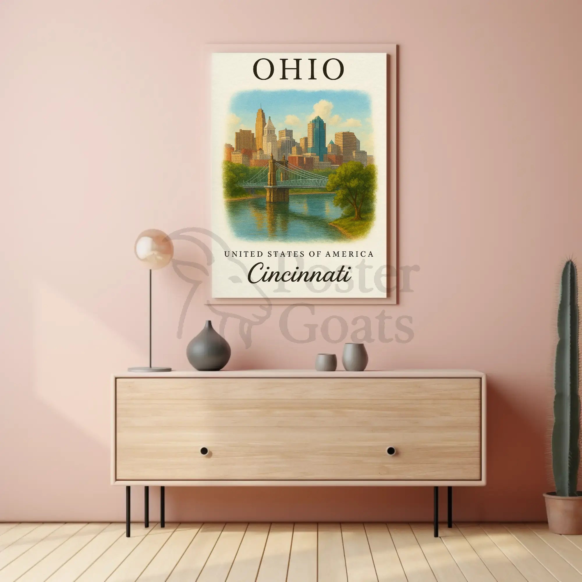 Cincinnati Cityscape Vintage Travel Poster PosterGoat