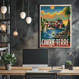 Cinque Terre Sailboat Sunset: Vintage Travel Poster PosterGoat