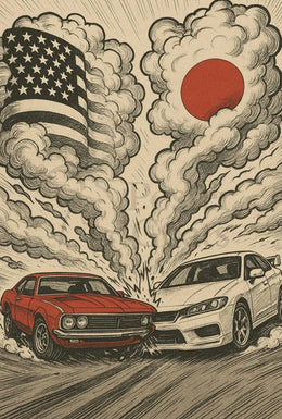 Clash of Icons Automotive Rivalry Artistic Poster PosterGoat