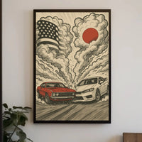Clash of Icons Automotive Rivalry Artistic Poster PosterGoat