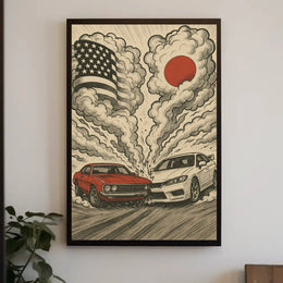 Clash of Icons Automotive Rivalry Artistic Poster PosterGoat